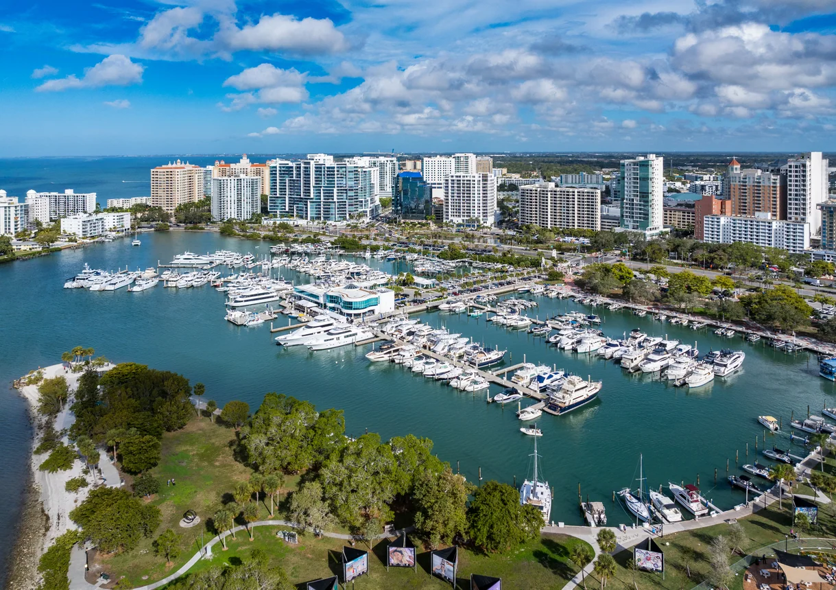 Sarasota Marina and Skyline drone angle view.